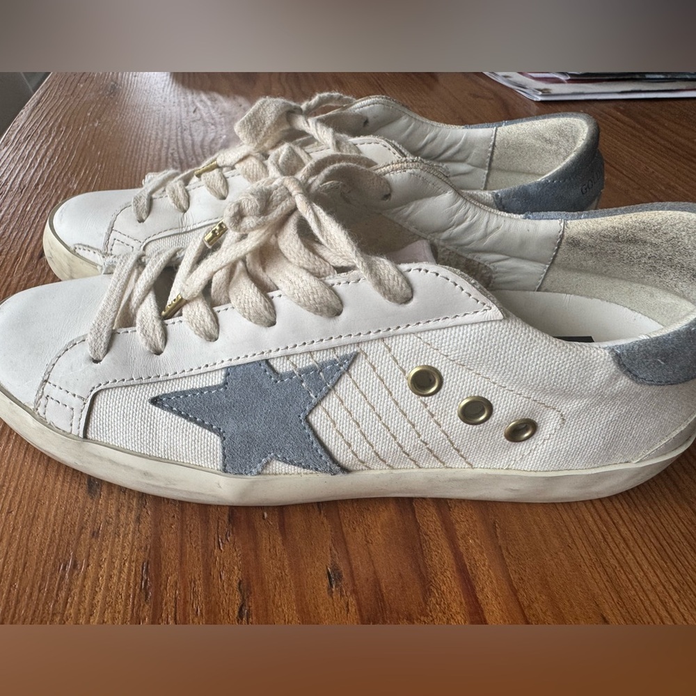Golden Goose Super-Star White and Blue Super-Star Sneakers